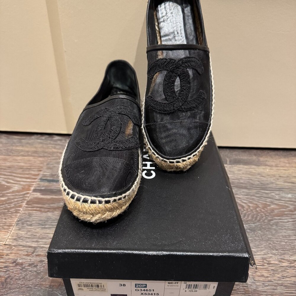 CHANEL Black Mesh Espadrille Flats